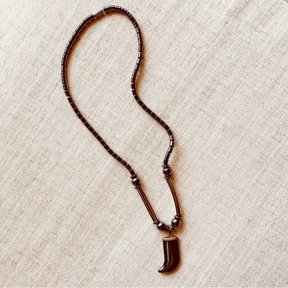 Vintage Gunmetal Gray Beaded Necklace with Faux Elephant Tusk Shaped Pendant